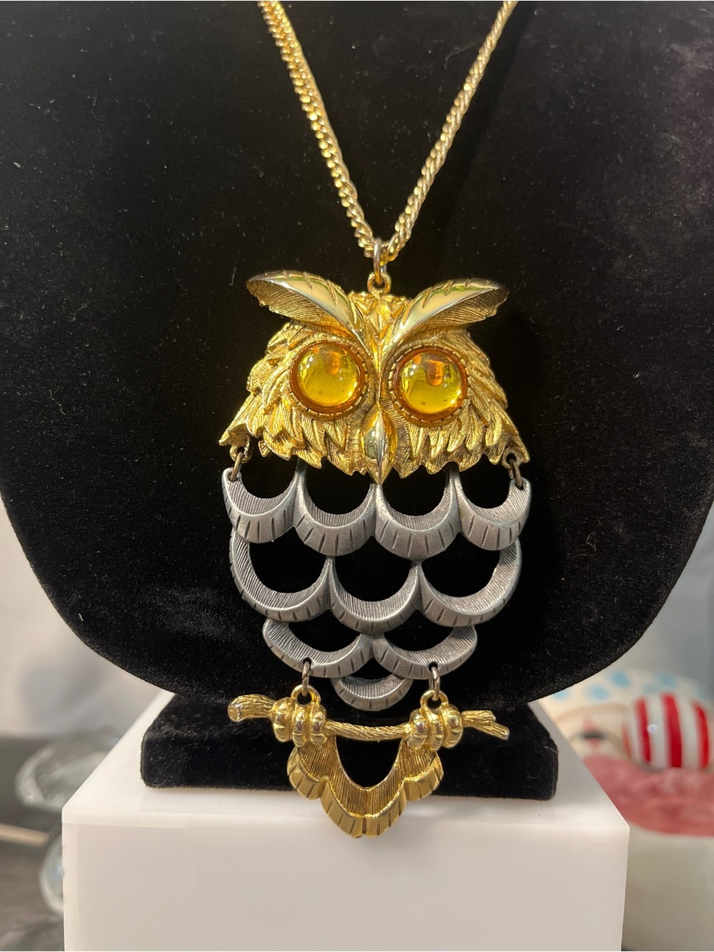 Gold & Silver Owl Articulating Pendant Necklace with Amber Eyes - Women Jewelry
